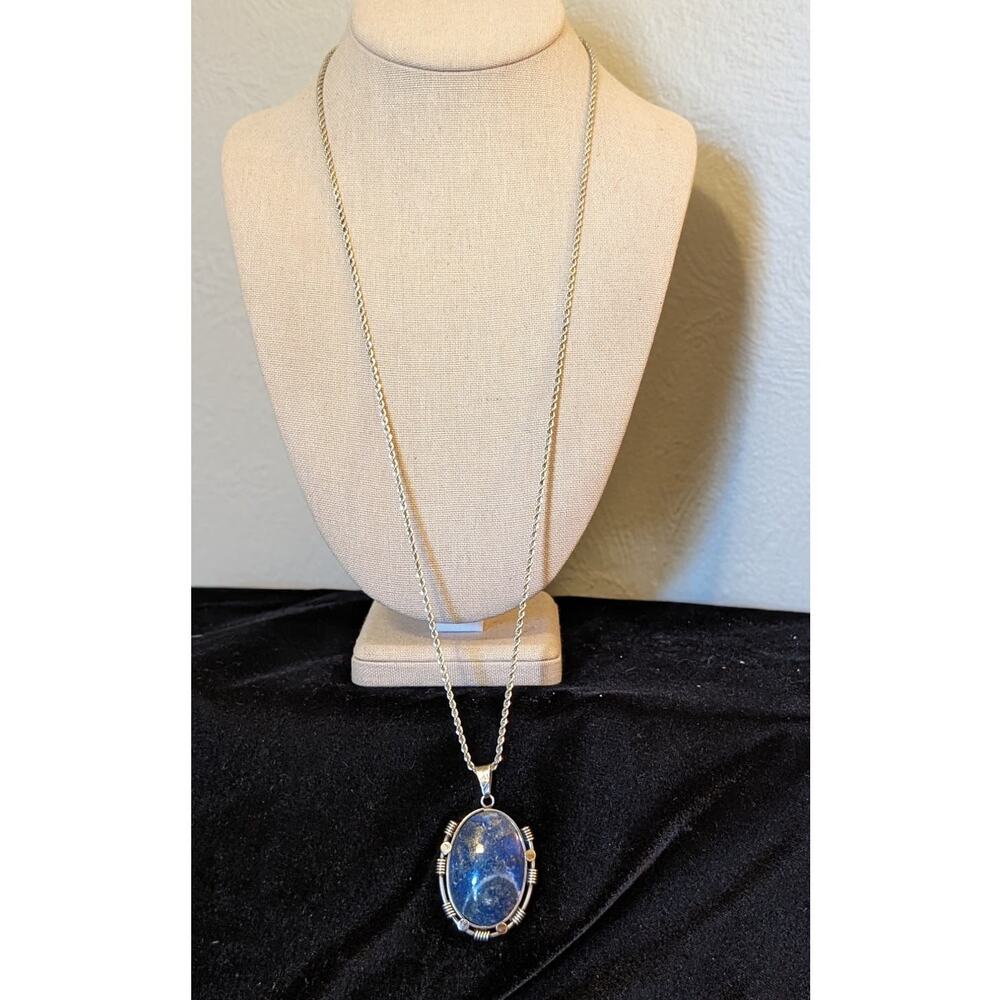 Blue Stone Bezel Set in Sterling Silver on Vintage Heavy Sterling Rope Chain